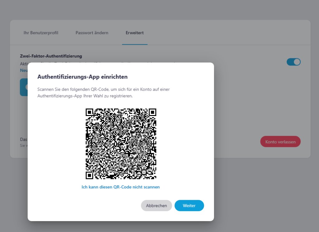 Screenshot des Einrichtungsfensters mit scanbarem QR-Code