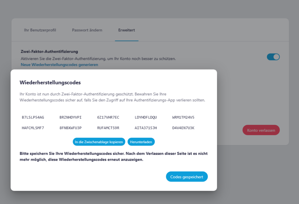 Screenshot des Fensters mit den generierten Wiederherstellungscodes.