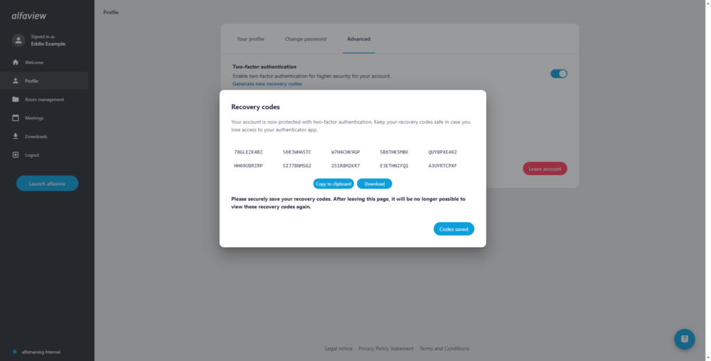 Screenshot of a window with recovery codes