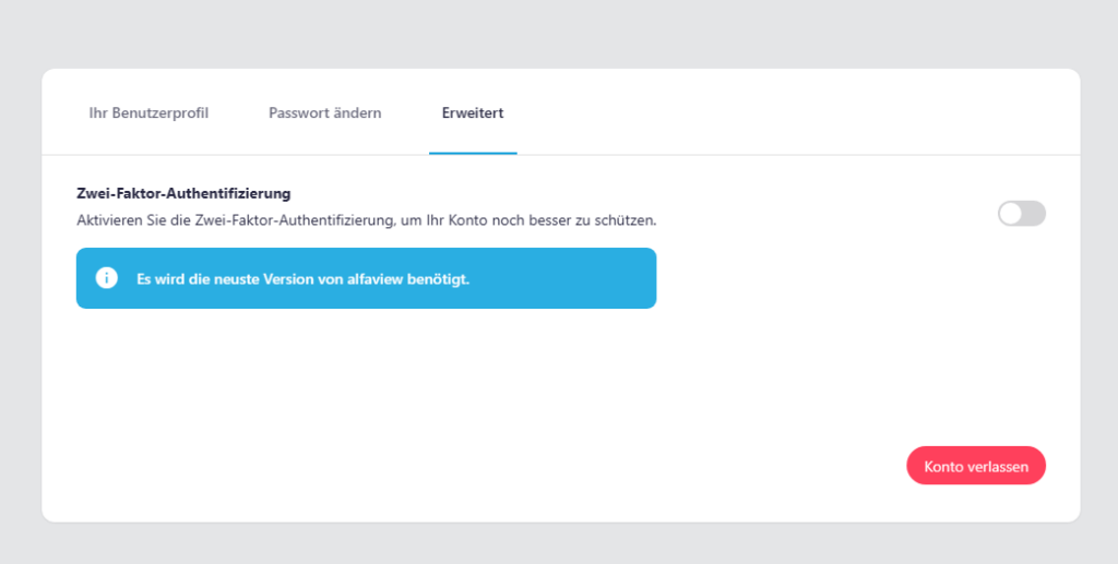 Screenshot der Seite Benutzerprofil auf der Verwaltungsoberfläche, der Reiter Erweitert ist geöffnet