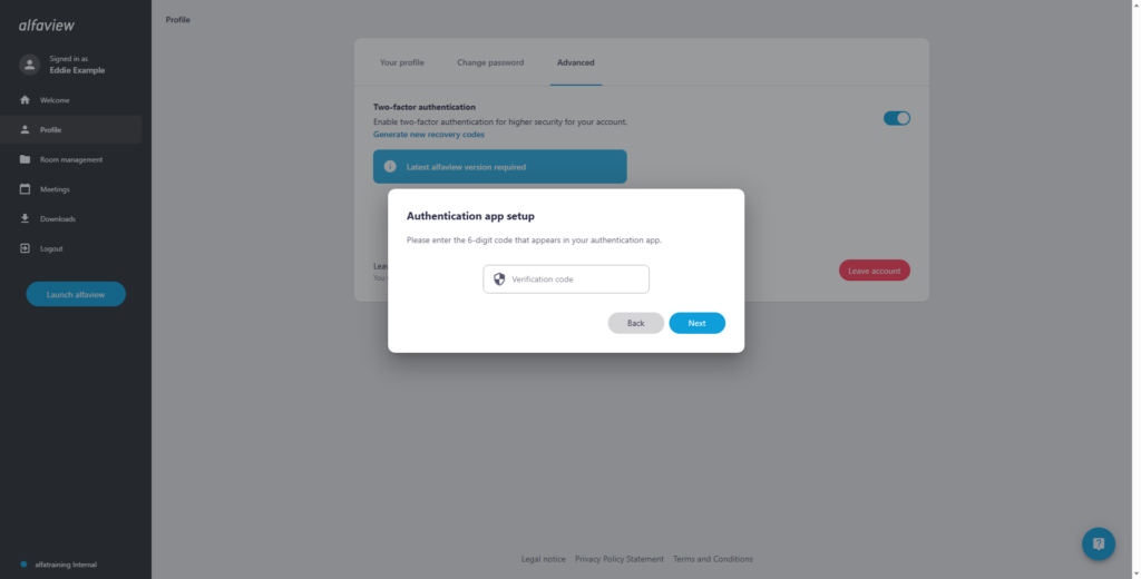 Screenshot of the verification window where you can enter the verification code for the setup process.