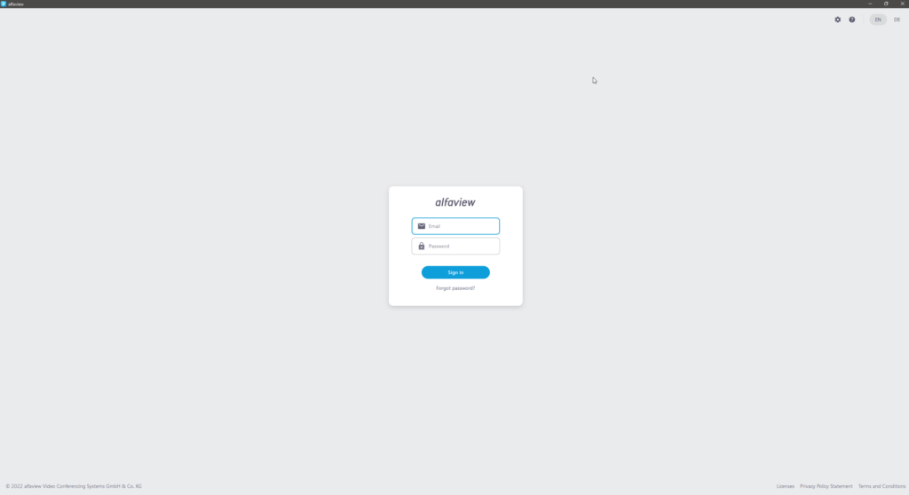 Login page for users of the alfaview app