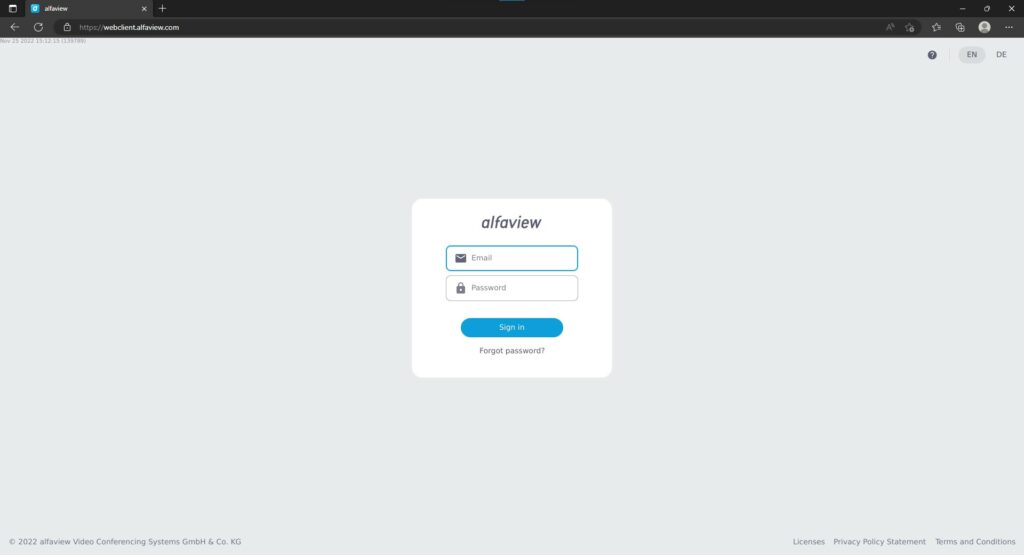 Screenshot of the login landing page in the alfaview app