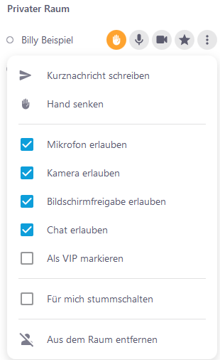 Screenshot der Moderationsfunktionen einer Person in der Teilnehmerliste