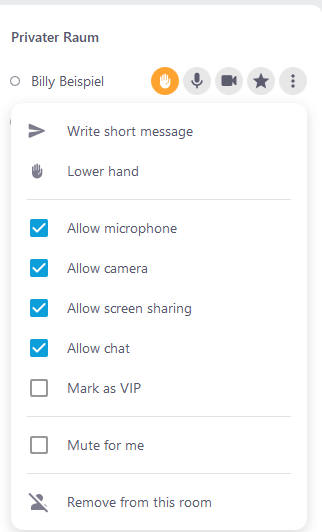 Screenshot of the moderator controls for a user in the participant list