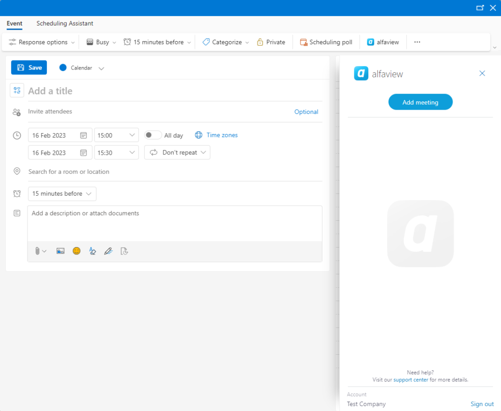 Screenshot of the Outlook app with the Option to Create a meeting for alfaview