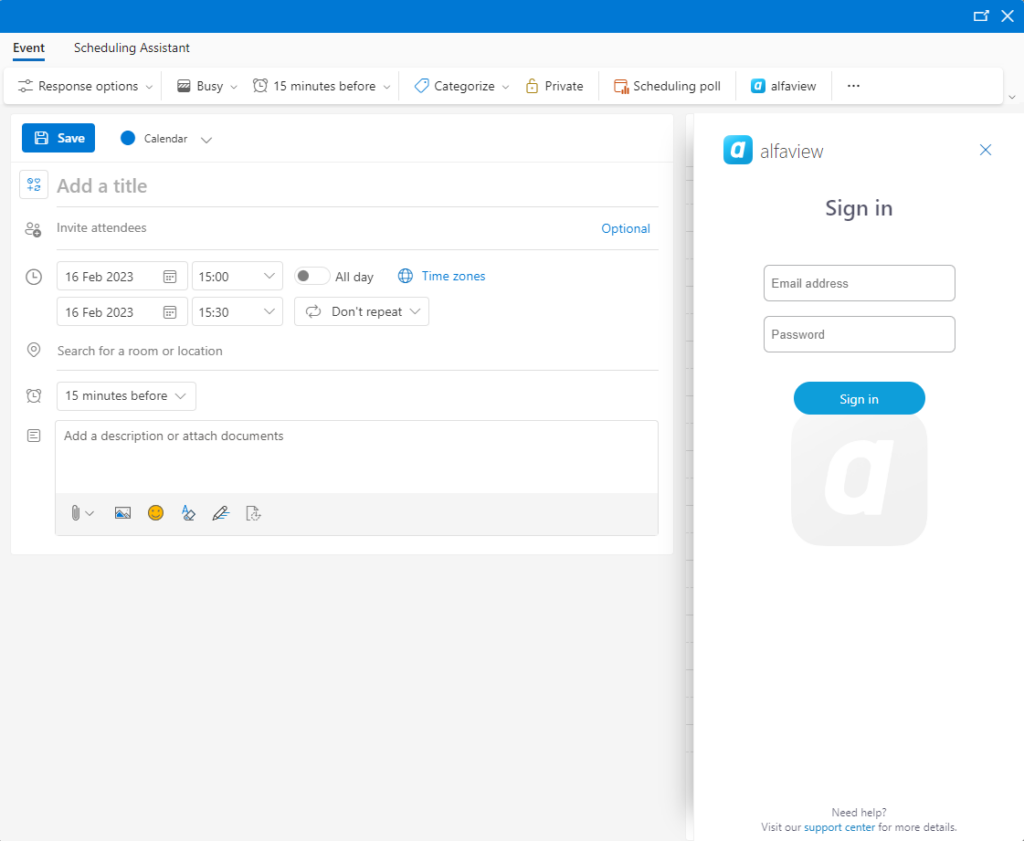 Screenshot of the Outlook app with the alfaview login window