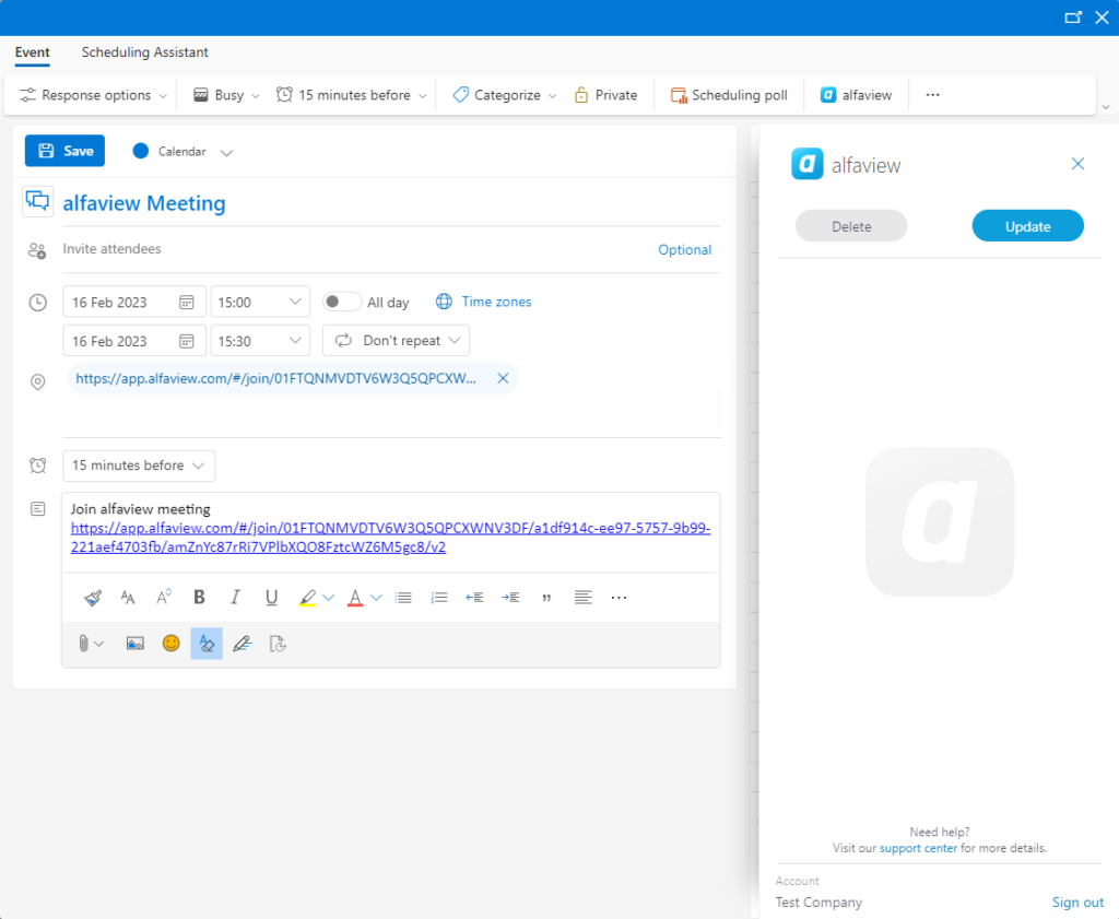 Screenshot of the Outlook app with the Option to edit a meeting for alfaview
