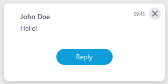 A chat message window with the received message 'Hello!'. The reply button is below the message.