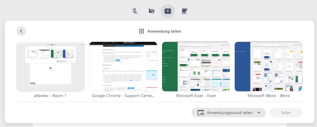 Screenshot der Auswahlliste von laufenden Anwendungen eines Computers, die von der Person in alfaview geteilt werden können
