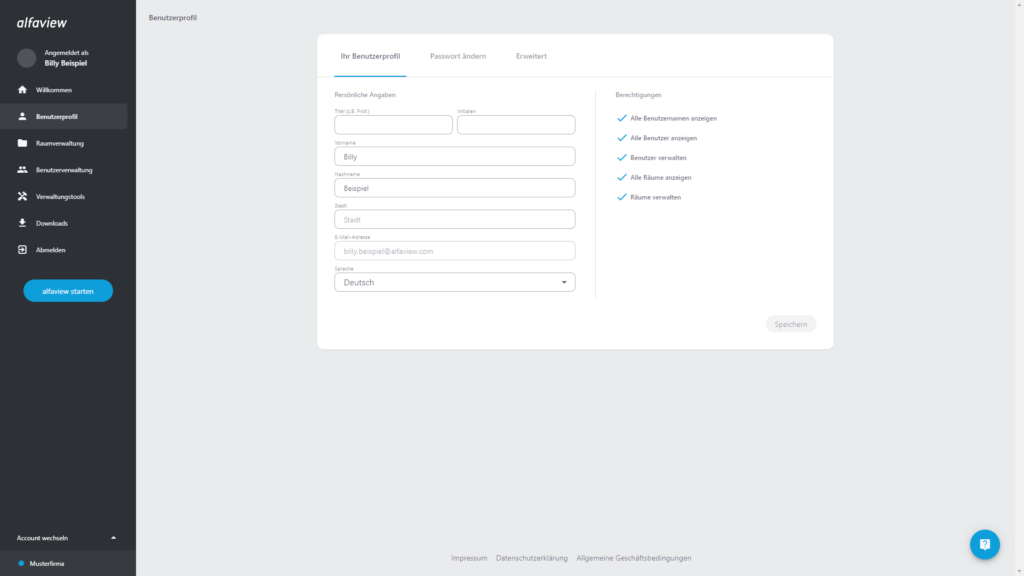 Screenshot des Reiters Profil in der Verwaltungsoberfläche