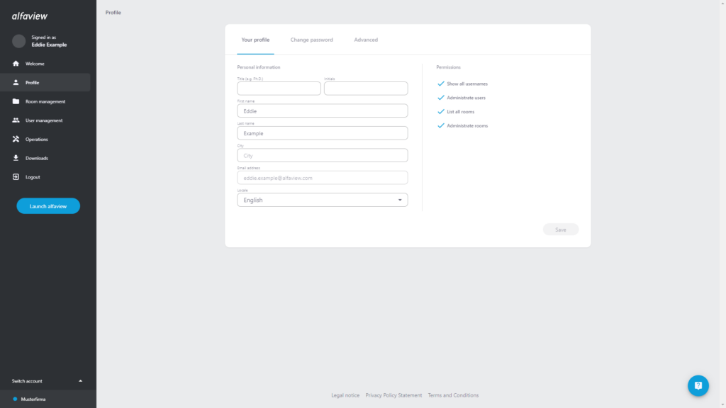 Screenshot of the alfaview administration page, the Profile page is open