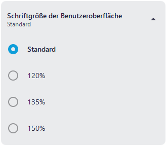 Die verschiedenen Optionen für die Schriftgröße der Benutzeroberfläche: Standard, 120%, 135% und 150%