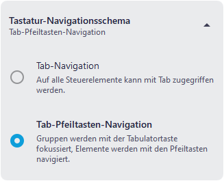Die Optionen zur Tastaturnavigation: Tab-Navigation und Tab-Pfeiltasten-Navigation