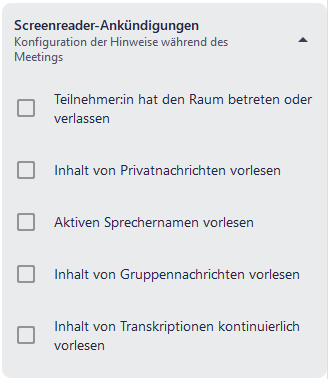 Eine Liste aller Screenreader-Ankündigungen, die im alfaview-Raum vorgelesen werden können