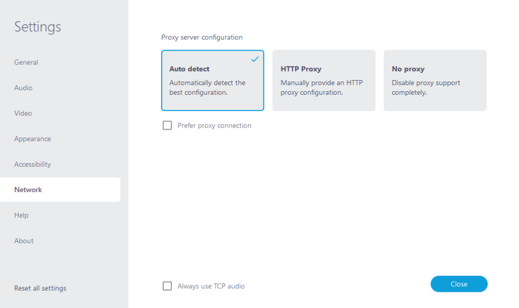 Screenshot of the 'Network' tab in the settings of alfaview, the 'Auto detect' Proxy configuration option is selected.