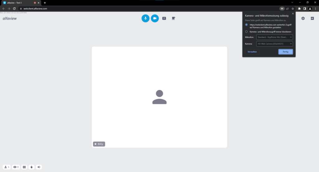 Screenshot eines Webbrowsers, in dem alfaview läuft und der um Freigabe des Mikrofons und der Bildschirmübertragung bittet