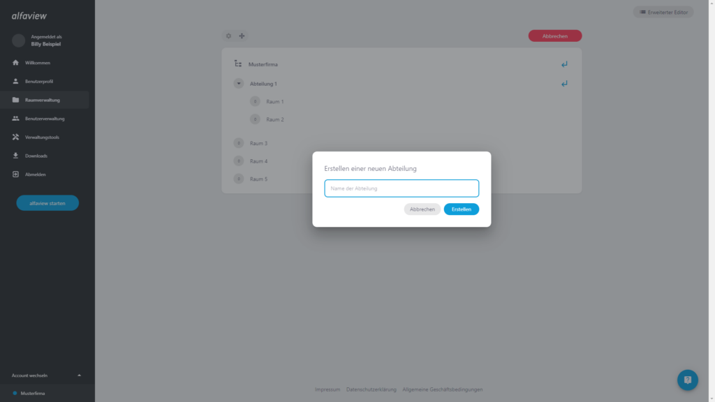 Screenshot der Seite Räume, das Fenster 'Abteilung erstellen' ist geöffnet