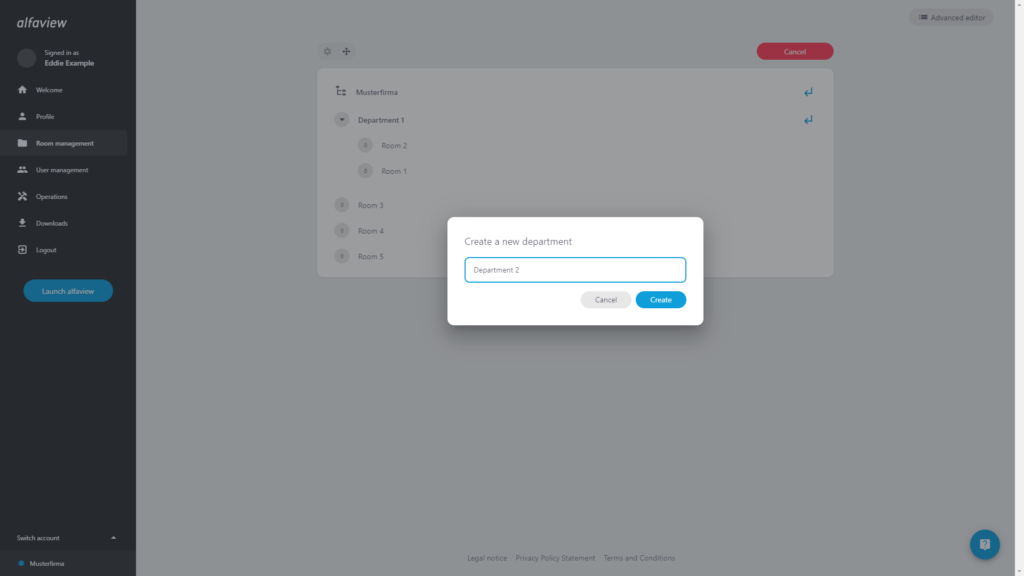 Screenshot of the 'Create new department' window on the room page