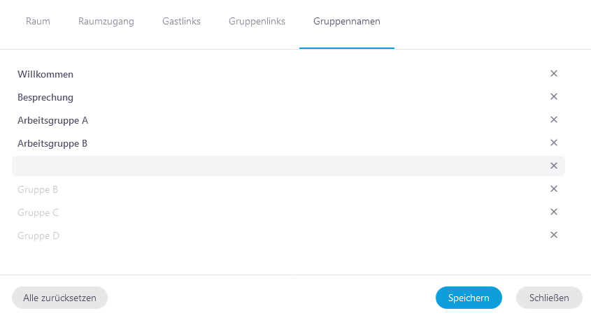 Screenshot des Reiters 'Gruppennamen' in den Raumeinstellungen