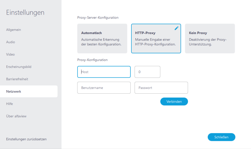 Screenshot des Reiters Netzwerk in den Einstellungen in alfaview, die HTTP Proxykonfiguration ist ausgewählt