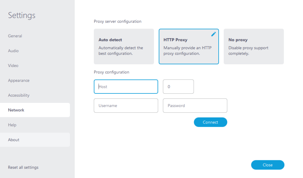 Screenshot of the 'Network' tab in the settings of alfaview, the 'HTTP' Proxy configuration option is selected.