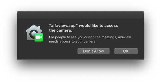 Screenshot of the notification window to authorise camera, microphone and accessibility features