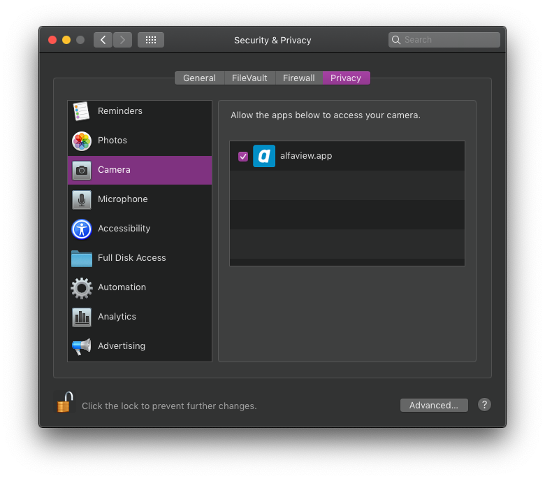Screenshot of the Privacy & Security settings in Mojave, with the camera permission for alfaview checked