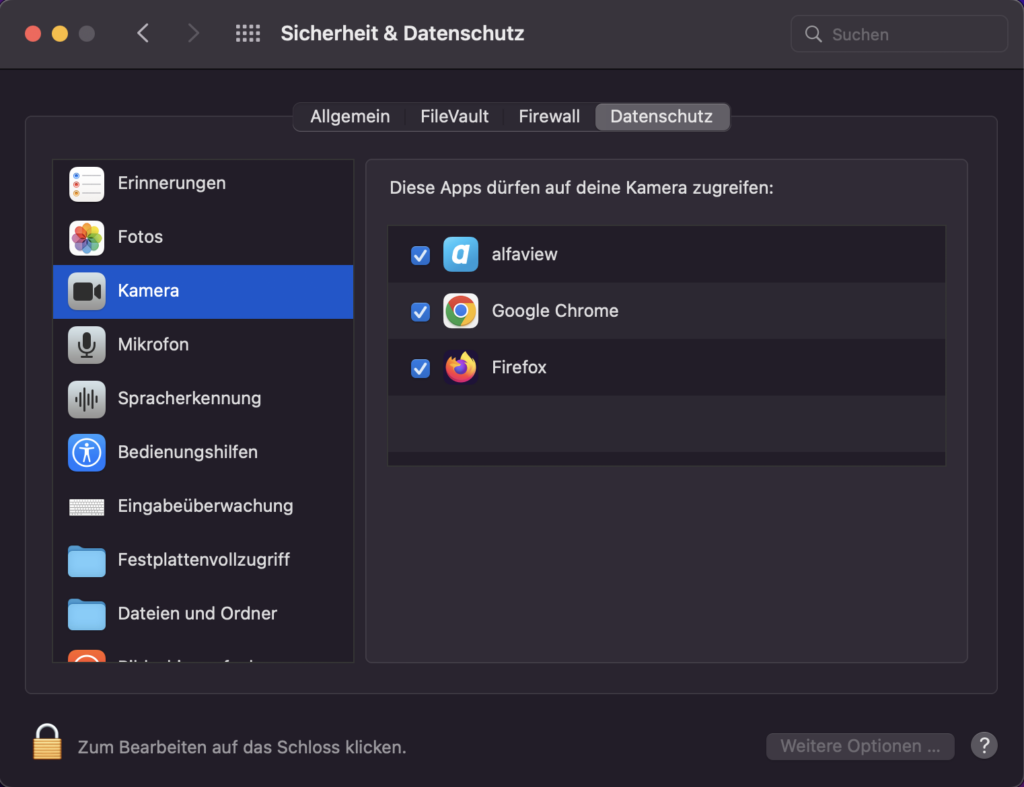Screenshot der macOS-Einstellungen, um die Kamera freizugeben