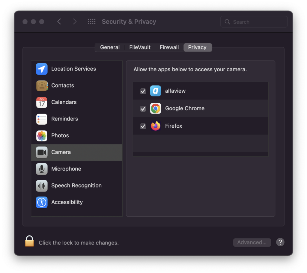 Screenshot of MacOS settings to grant camera permission