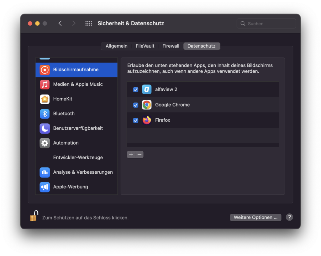 Screenshot der macOS-Einstellungen, um die Bildschirmübertragung freizugeben