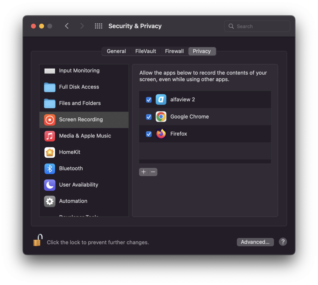 Screenshot of MacOS settings to grant screen recording permission