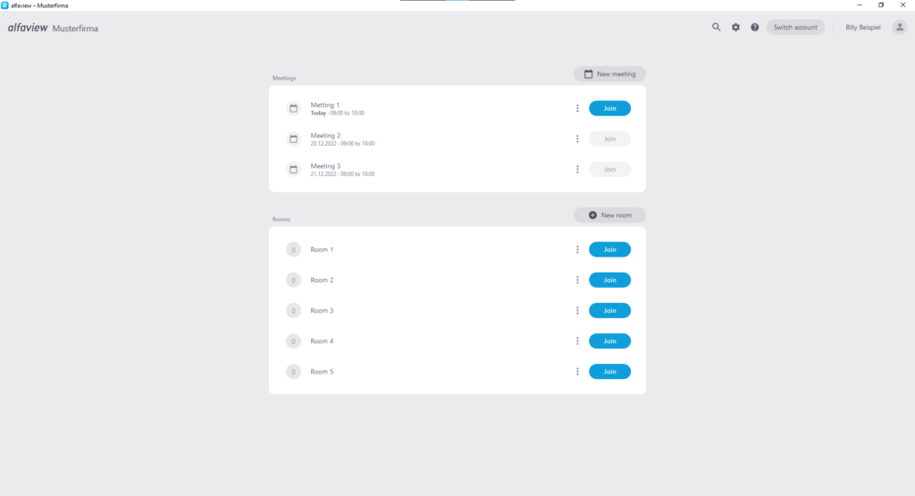 Screenshot of the meeting and room list in the alfaview app