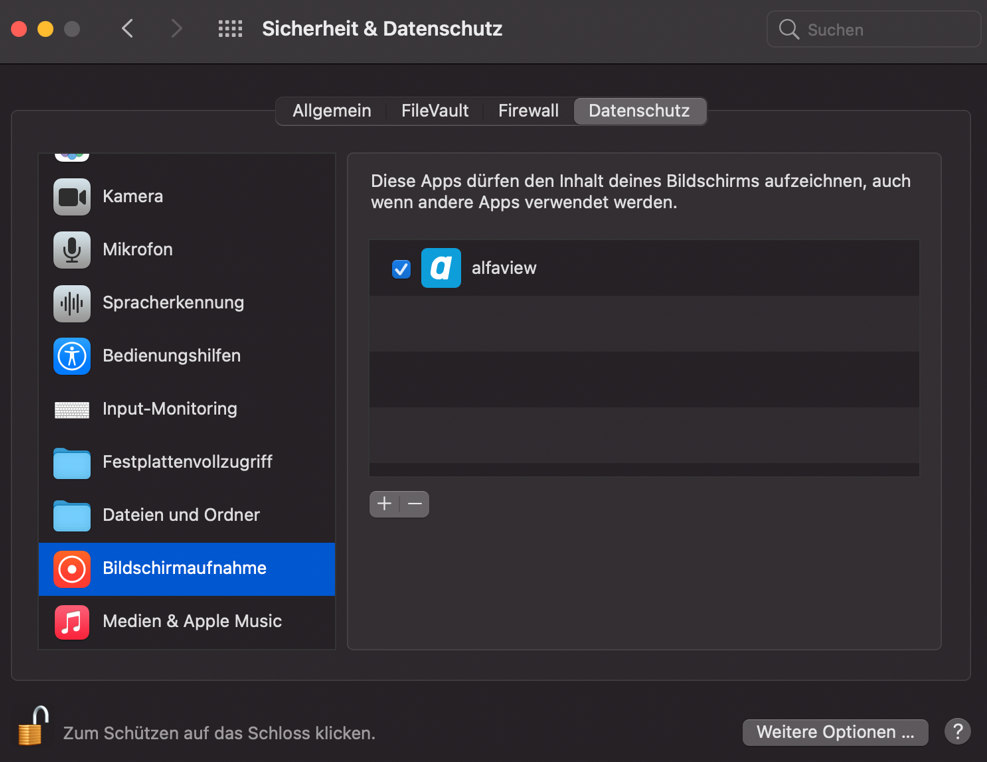 Screenshot des Menüpunkts Sicherheit & Datenschutz in den Systemeinstellungen eines Apple-Geräts, Im Reiter Sicherheit ist das Kästchen vor der alfaview-App aktiviert.