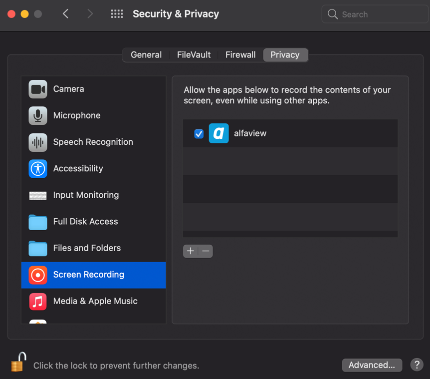 Screenshot of the Security & Privacy settings in the System settings of an Apple device, the option to allow alfaview to record the screen is ticked