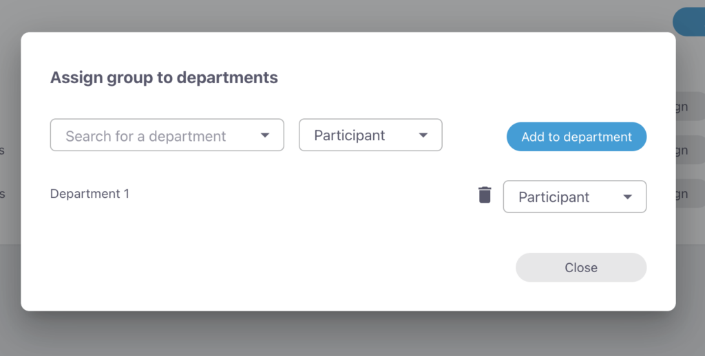 Screenshot of the Assign group to departments window with all setting options
