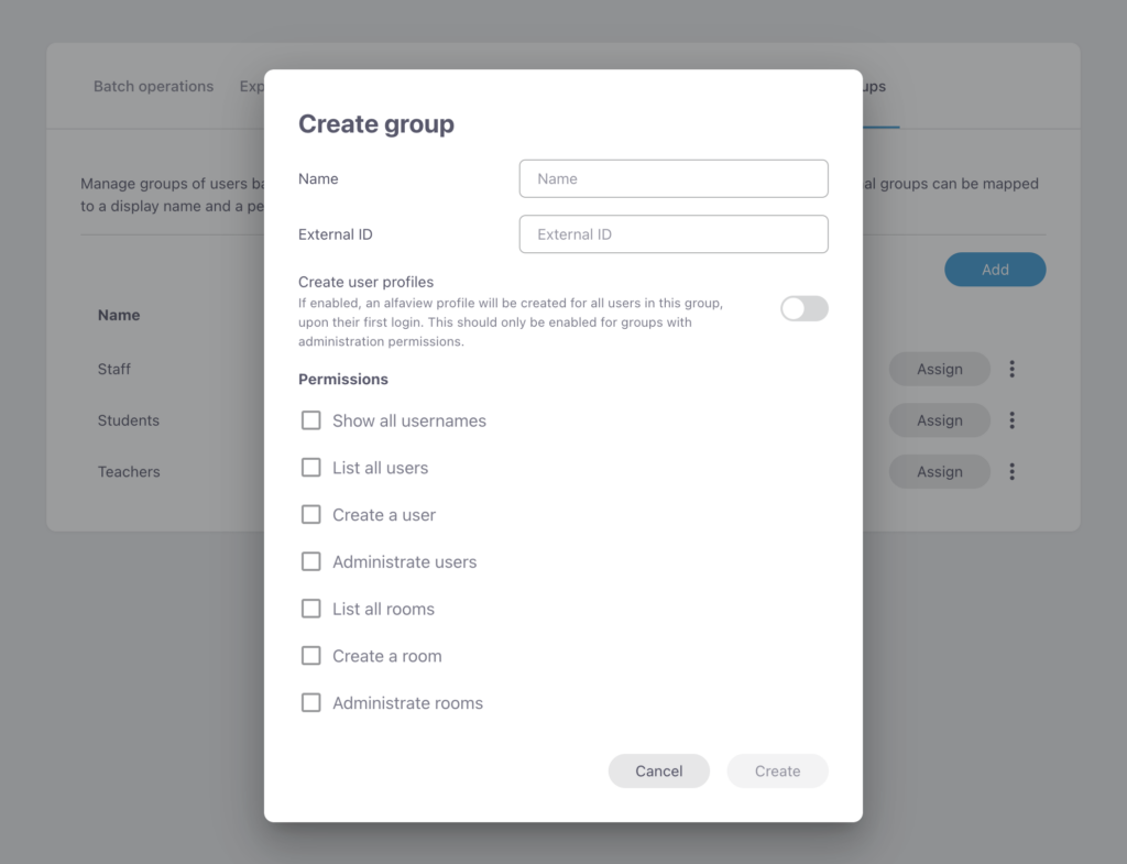 Screenshot of the Create group window with all setting options