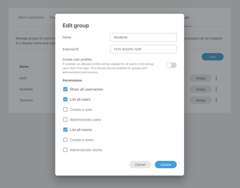 Screenshot of the Edit group window with all setting options