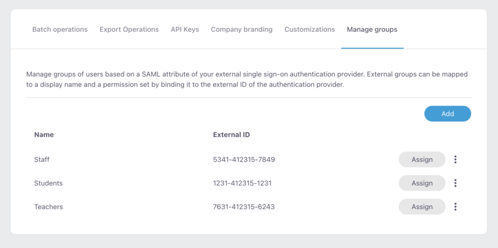 Screenshot of the Manage groups tab in the Company management