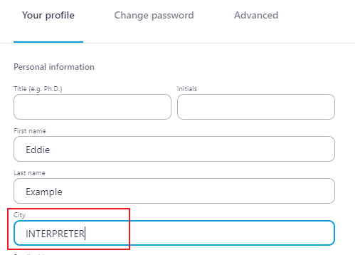 Screenshot of the ' Your Profile' tab on the Profile page in the administration, the word 'INTERPRETER' is written in capital letters in the City field.