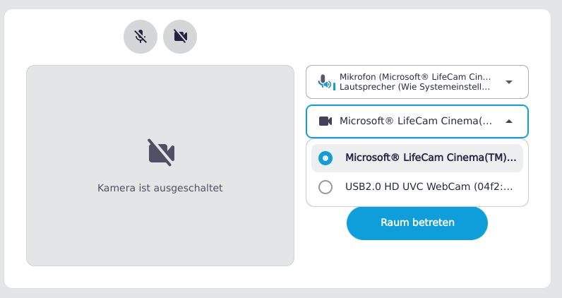 Schnelleinstellungen mit geöffneter Kamera-Auswahlliste