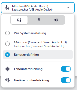 Headset-Auswahlliste, Echounterdrückung und Geräuschunterdrückung