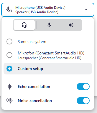 Quick setup with the communication devices tab open, showing the Echo Cancellation and Noise Cancellation features below