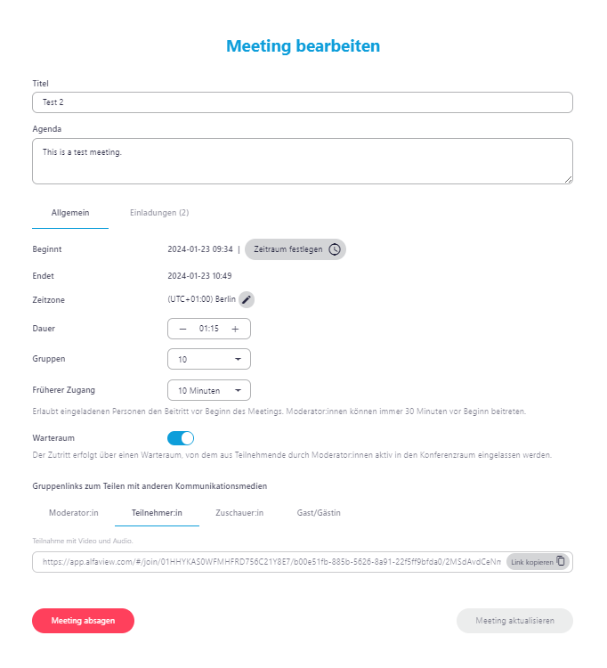 Screenshot des Fensters Meeting bearbeiten mit geöffnetem Reiter Allgemein