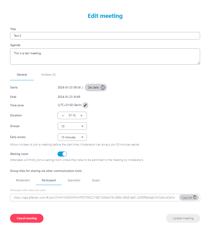 Screenshot of the Edit Meeting window with the General tab open