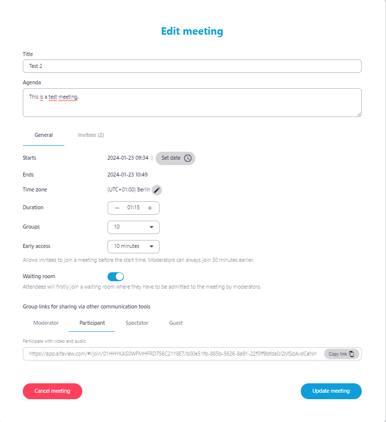 Screenshot of the Edit meeting window, the General tab is opened