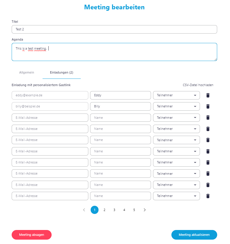 Screenshot des Fensters Meeting bearbeiten, der Reiter Einladungen ist geöffnet