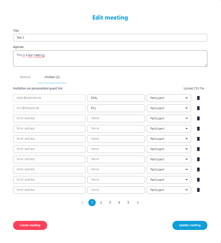 Screenshot of the Edit meeting window, the Invite tab is opened