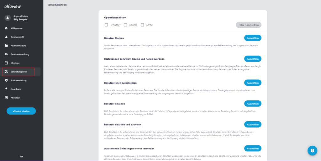 Screenshot der verfügbaren Verwaltungstools in der Verwaltung