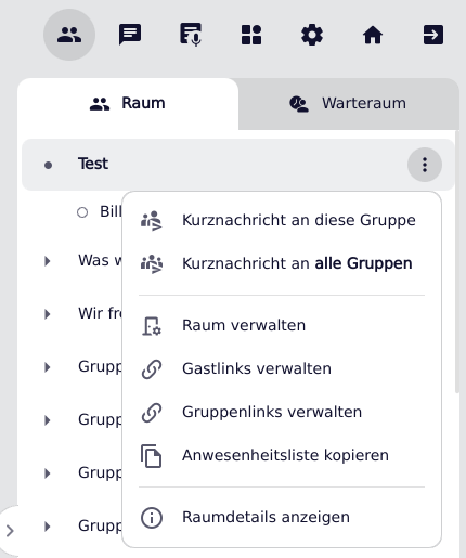 Das geöffnete Kontextmenü eines alfaview-Raumes mit allen Administrationsfunktonen